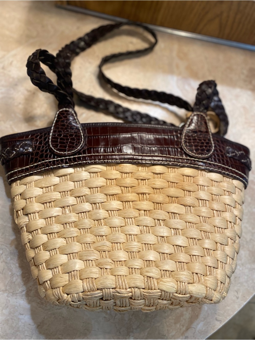 Brighton Beige Straw Tote with Dark Brown Trim and Braided Straps - Picture 2 of 8